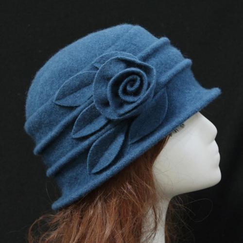 Vintage Women Wool Church Cloche Flapper Hat Lady Bucket Winter Flower Cap: Blue
