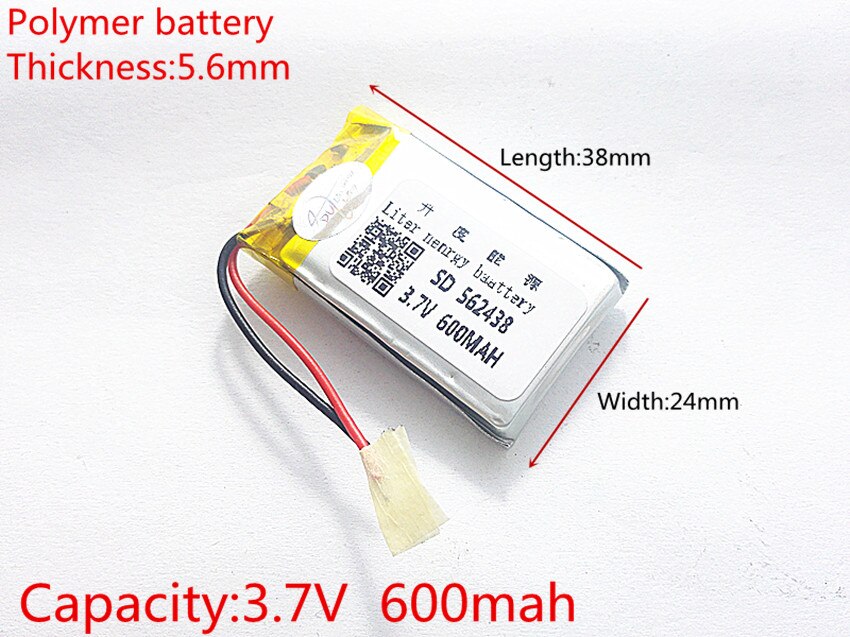 3,7 V 600mAh 562438 polímero de litio LiPo pilas recargables de iones para Mp3 Mp4 Mp5 DIY PAD DVD E-book auriculares bluetooth