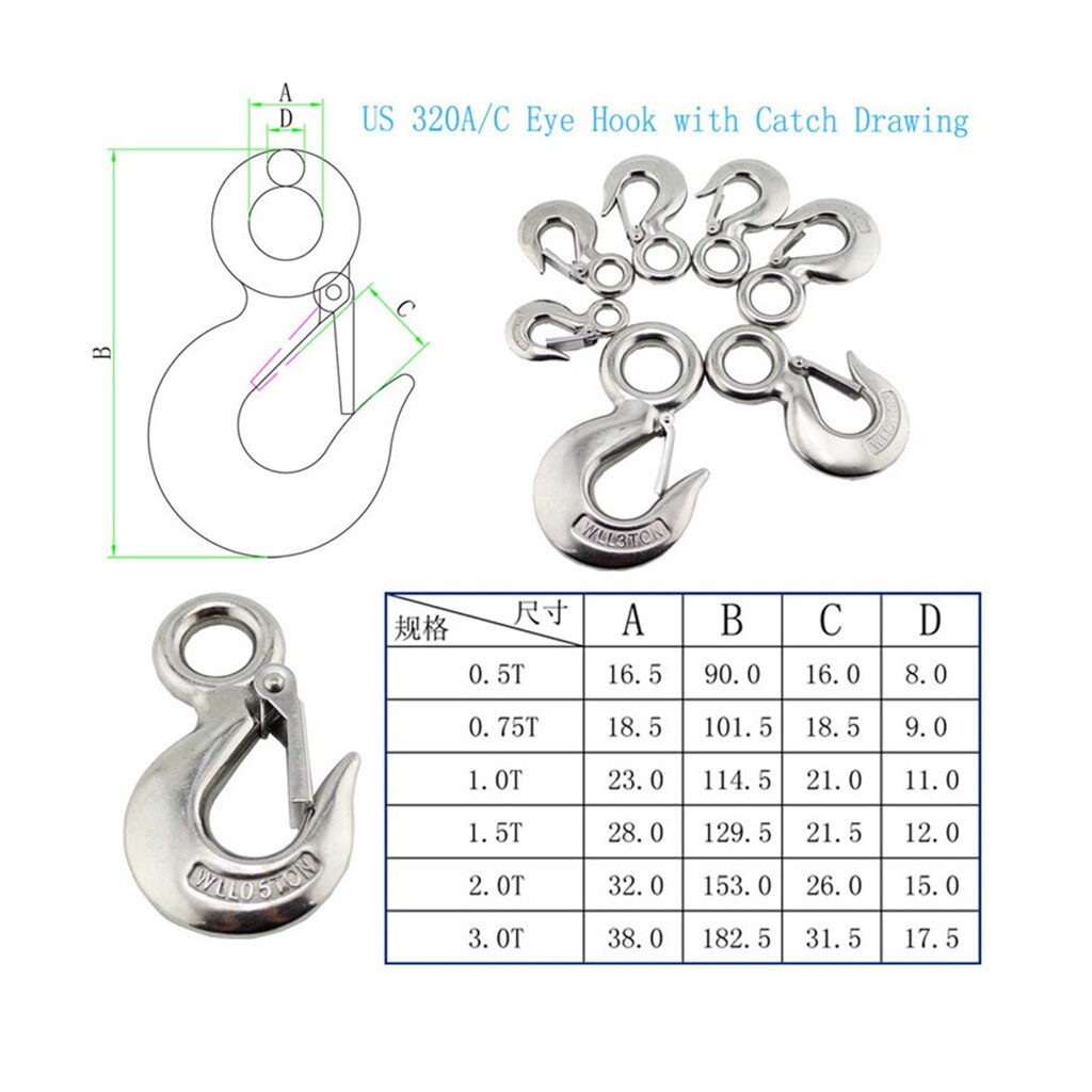 Marine Stainless Steel Clevis Hook Spring Loaded Safety Latch Universal for Winch Cable ,Tow Crane Lift