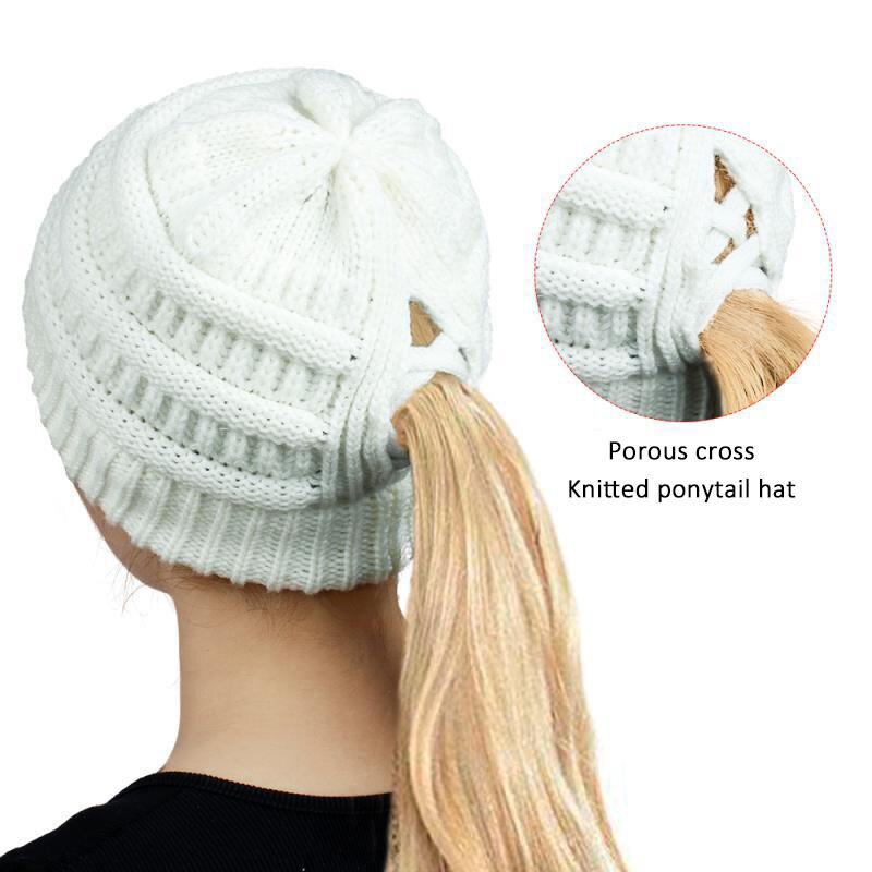 Gorro de cola de caballo para mujer, gorros tejidos para madre y niña, gorros gruesos y cálidos, gorras de color liso