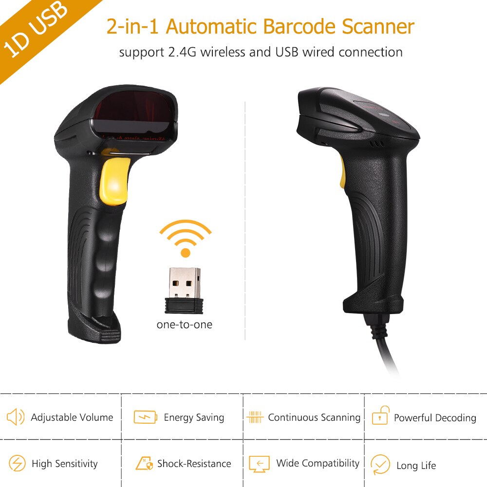 Aibecy 2-in-1 2.4G Draadloze Barcode Scanner & USB Wired Barcode Scanner Automatische Handheld 1D Bar code Scanner Reader