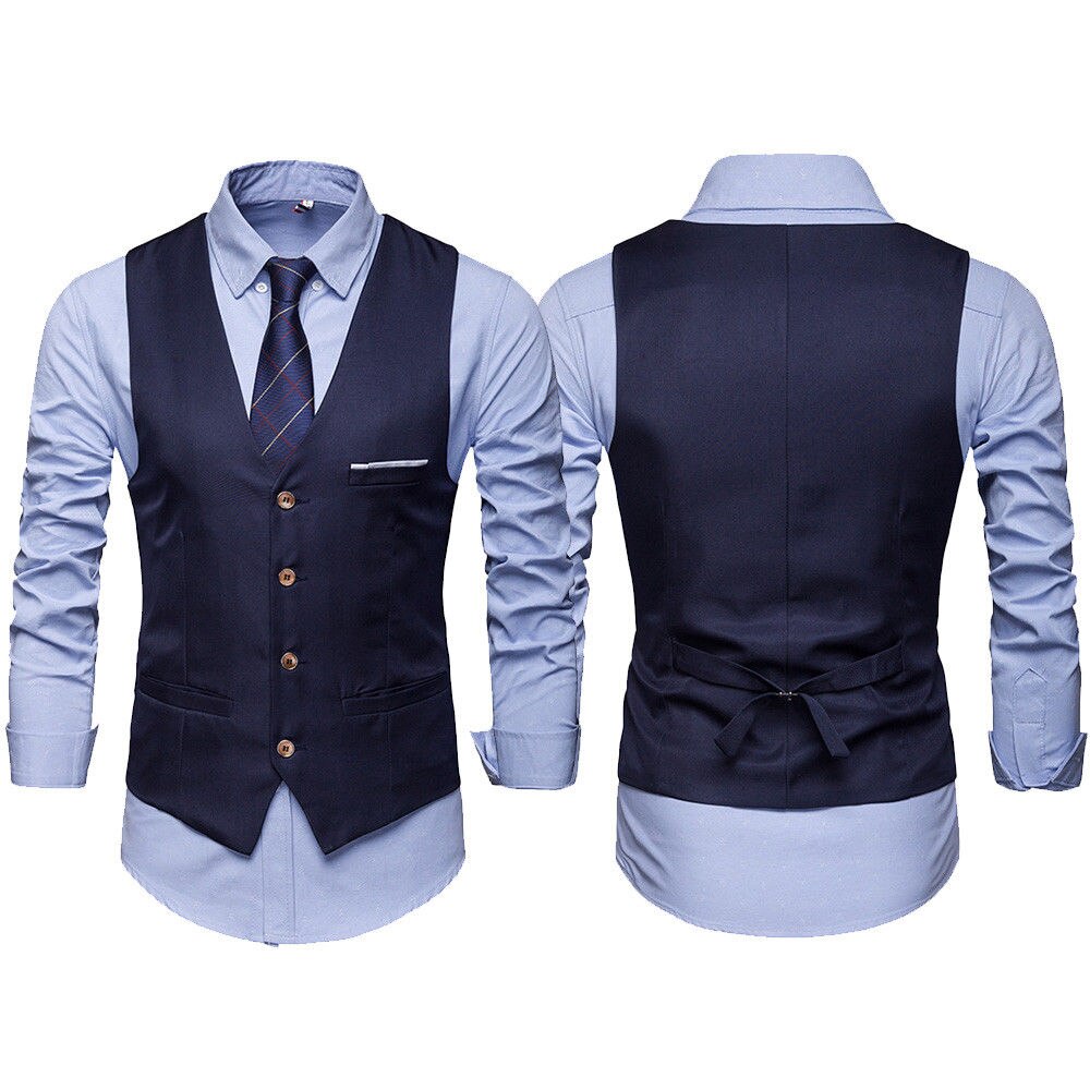 Kjole vester for menn slim fit herre dress vest herre vest gilet homme uformell ermeløs formell forretningsjakke: Marineblå / M
