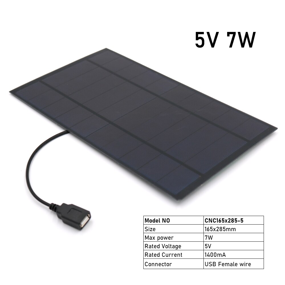 5V 2W 3W 4W 7W Output USB Solar Cell Outdoor 18650 Battery Charger USB Female Port 5 V Charge Regulators Solar Panel: 5V 7W