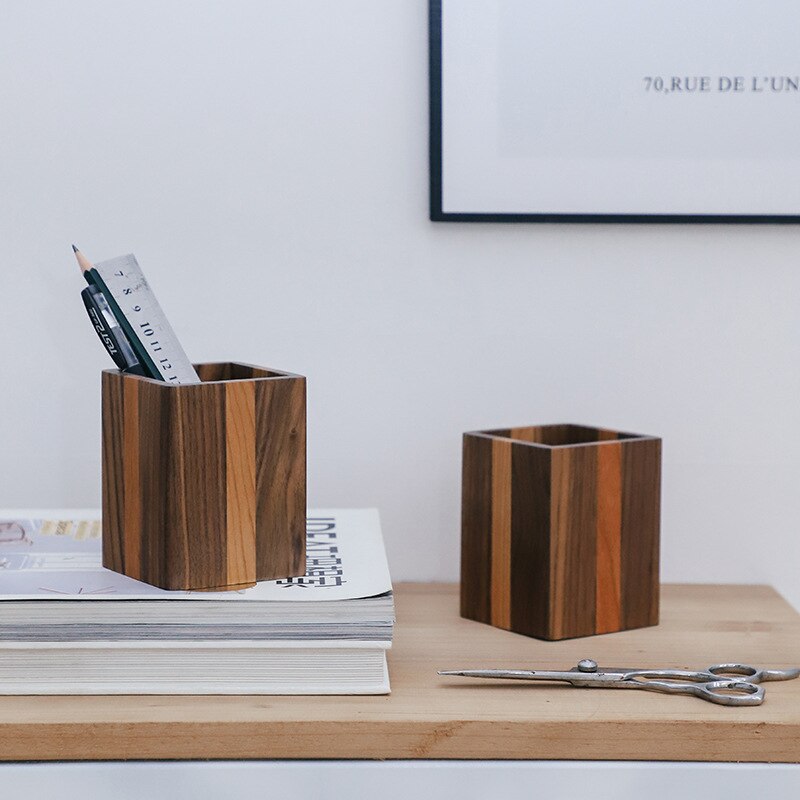 Nature Walnut Wood Pen Holder Desk Writing Stationary Organizer Wooden Writing Materials Holder Office School Supplies