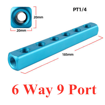 Distribuidor de colector de aire de 1/4 &quot;PT, puerto de rosca 2, 3, 4, 5, 6, 7, 8, 9 vías, conector rápido neumático, divisor de bloque de aluminio de manguera: 6 Way 9 Port
