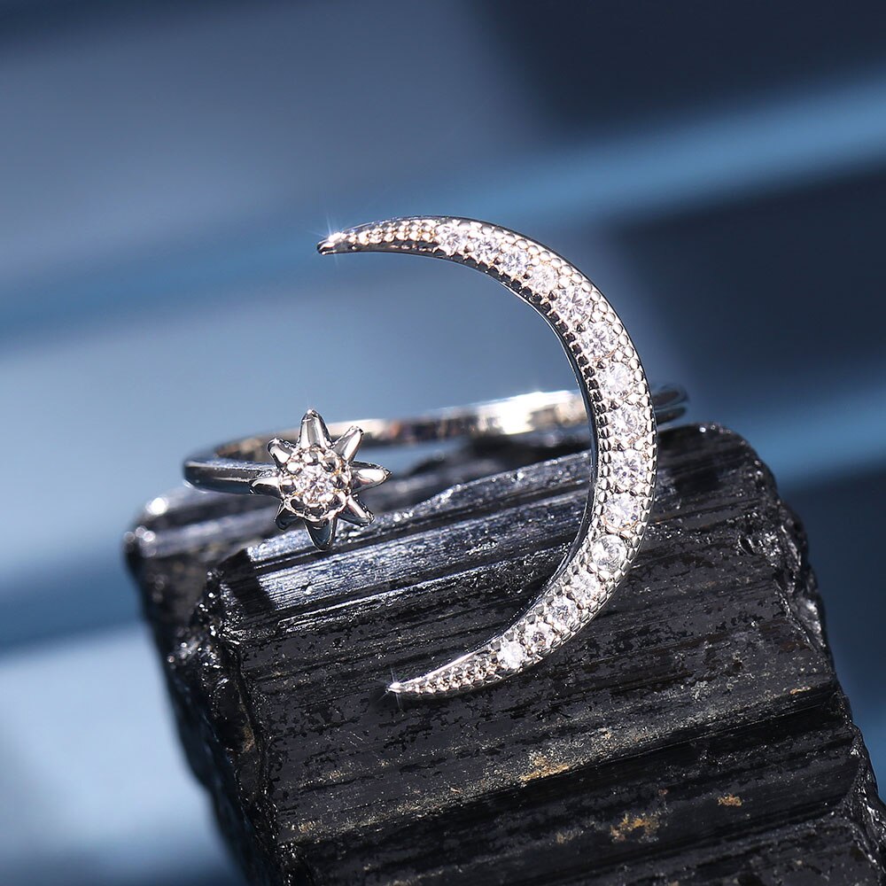 Criatividade design lua estrela anéis redimensionáveis strass mosaico senhoras anel jóias prata cor festa data acessórios de casamento