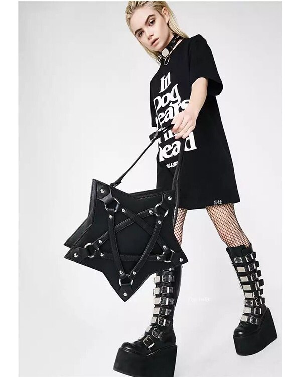 Dark Gothic Pentagram Schoudertas Voor Vrouwen Punk Casual Tote Bag Retro Portemonnees En Handtassen Pu Leer