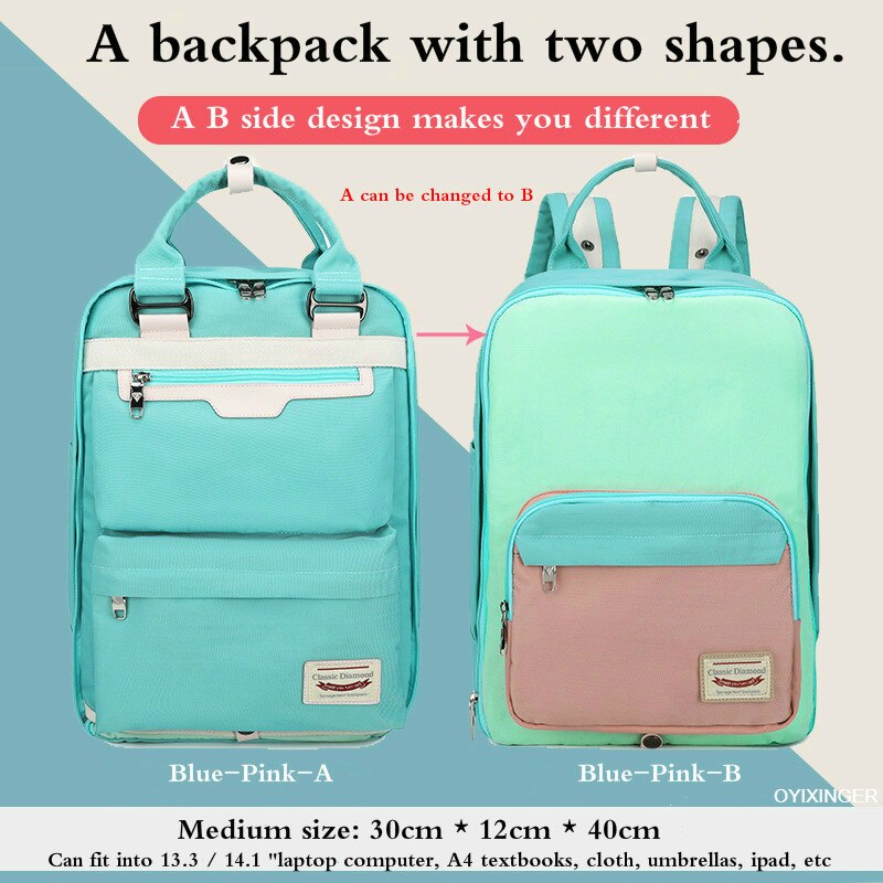 Les deux épaules sacs à dos femmes sac à dos pour ordinateur portable filles lycée sacs d'école garçons Style cartable avec Surface commutable: Blue-Pink