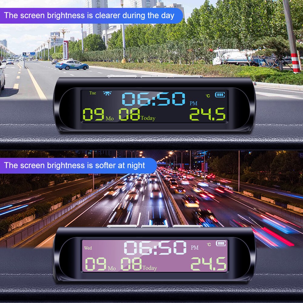 Portable 3 en 1 voiture électronique horloge affichage LED numérique solaire voiture horloge thermomètre indicateur jauge panneau compteur pour voiture