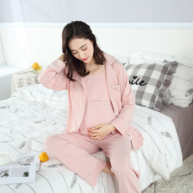 Bomuldsmødre 3 stk barsel nattøj kjole barsel amningstøj til gravide kvinder gravid pyjamas: Lyserød / L