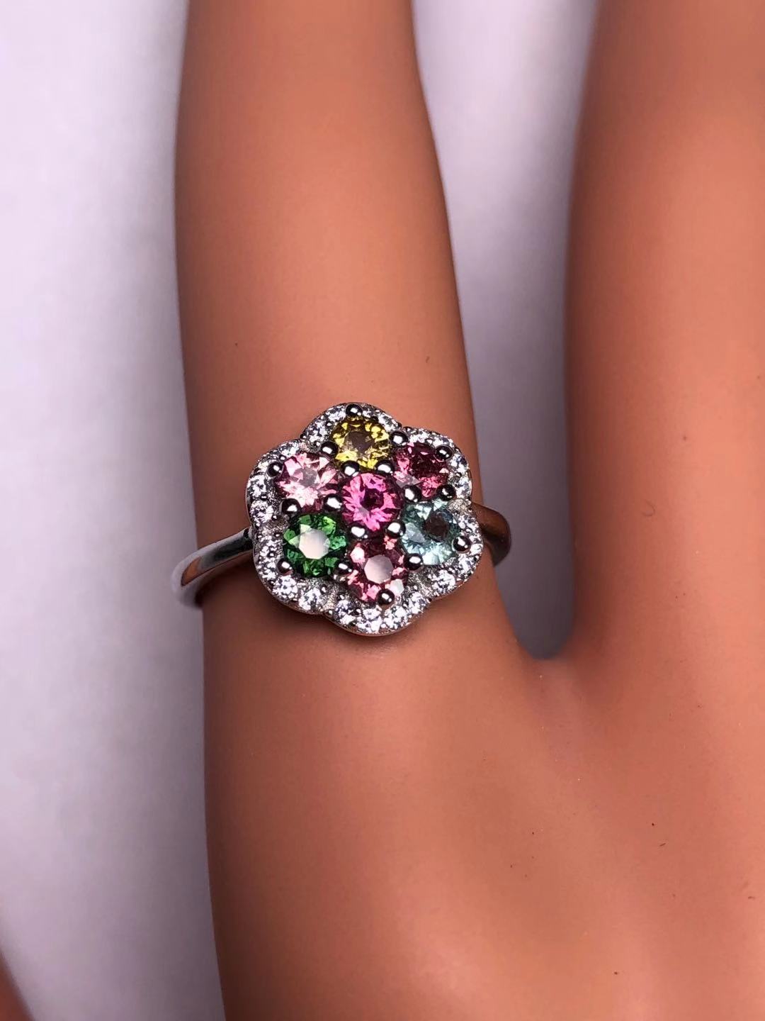 Boutique jewelry 925 sterling silver inlaid with natural tourmaline ladies ring wedding Christmas jewelry