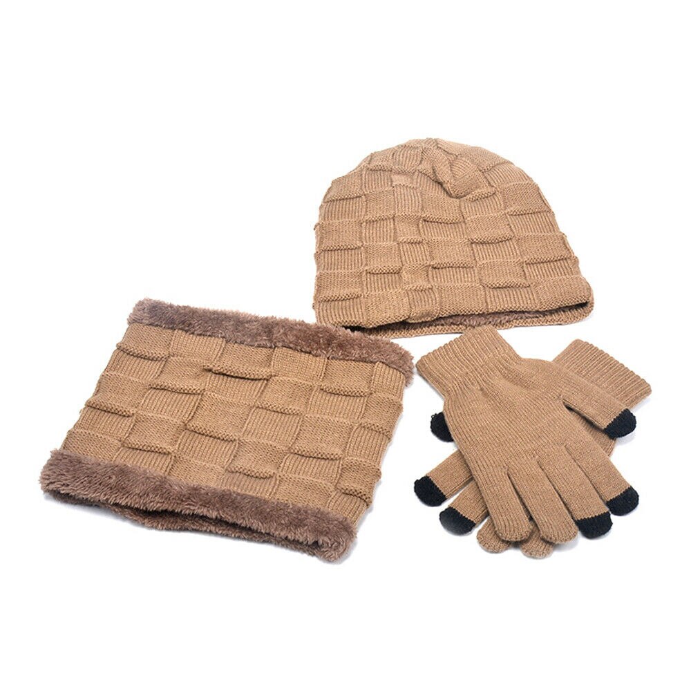 3 stykker 220 vinter varme beanie hatte tørklæde og berøringsskærm handsker sæt til mænd og kvinder vinter varm plaid strik pels cap sæt: 5