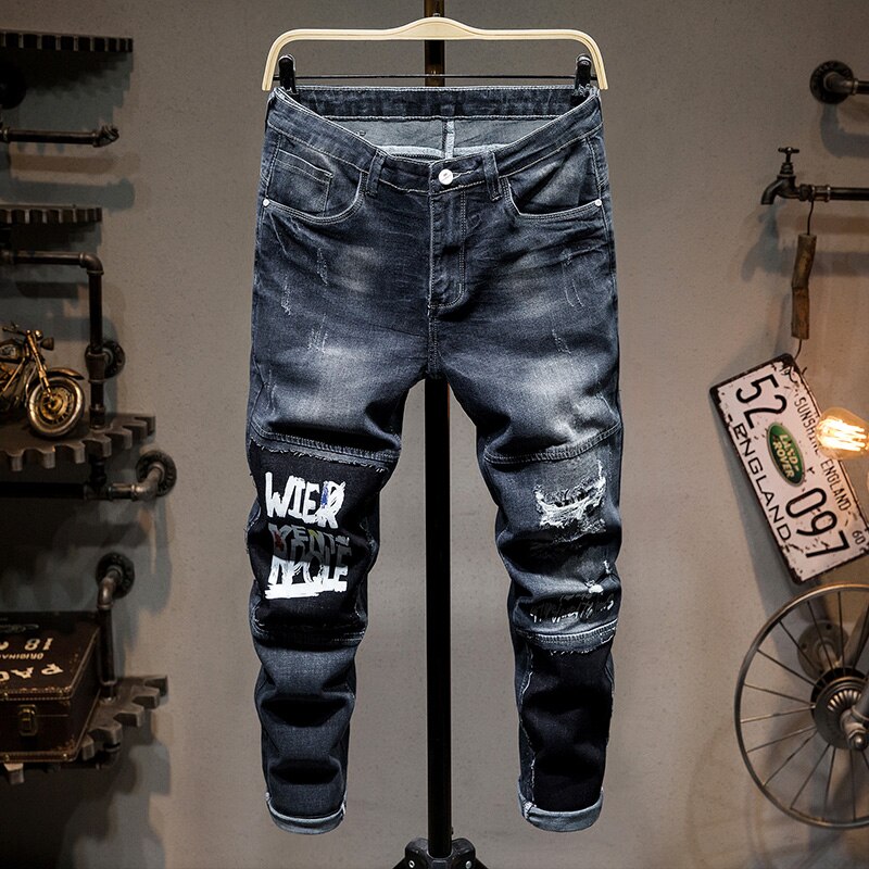 Men Jeans Patchwork Ripped Hole Male Denim Pants Letter Printing Casual Hip Hop High Street Mens Clothing: 33