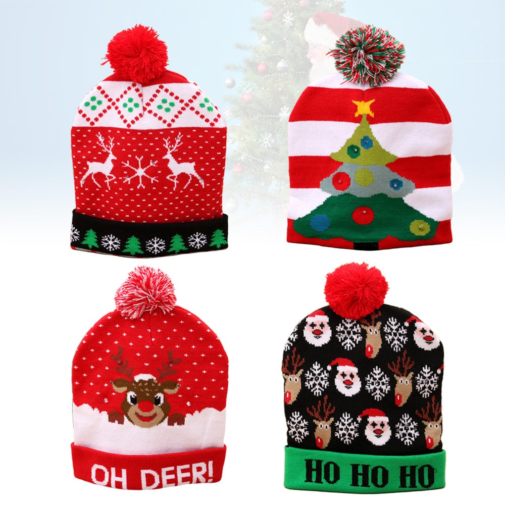 4PCS Light Up Knitted Beanie Hat - Glowing Santa Hat - Christmas Party Decor for Adults & Kids