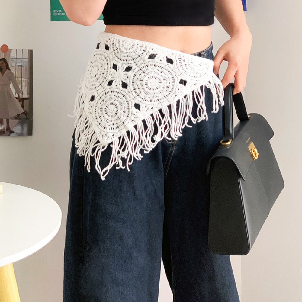 Turbante bohemio para mujer, pañuelo triangular tejido para la cabeza, chal colorido, delantal envolvente con bufandas con flecos, banda para la cintura de estilo étnico: Gris oscuro