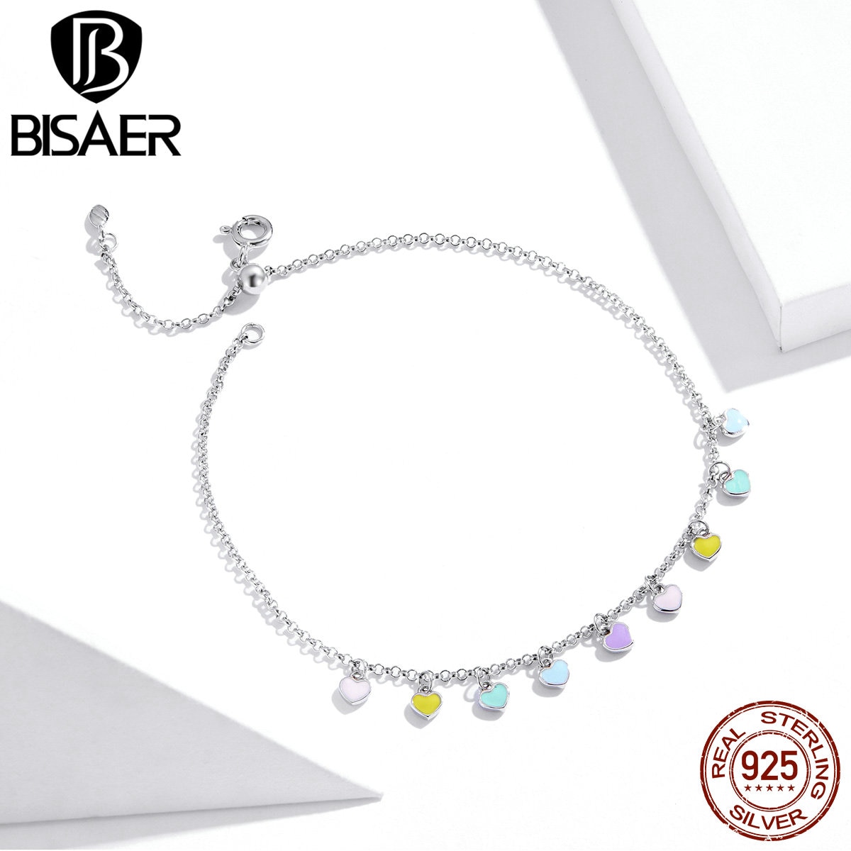 BISAER Rainbow Heart Anklets 925 Sterling Silver Colorful Chain Anklets For Women Feet Leg Chain Link Jewelry ECT020