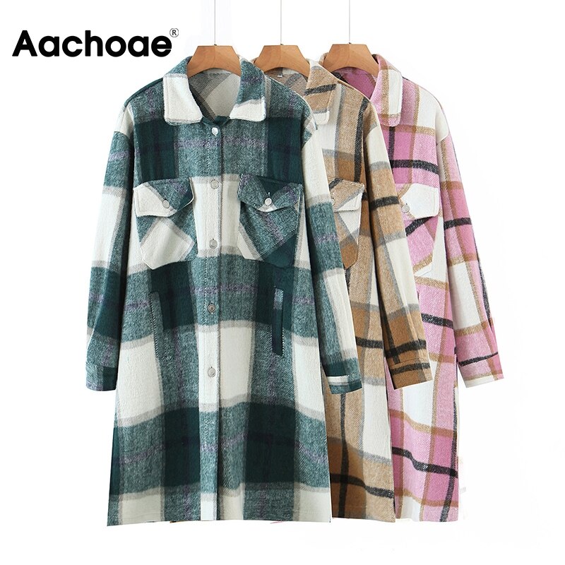 Aachoae dames lange geruite jas met omslagkraag, casual dames wollen jassen, vleermuismouwen, losse zakken, herfst/lente
