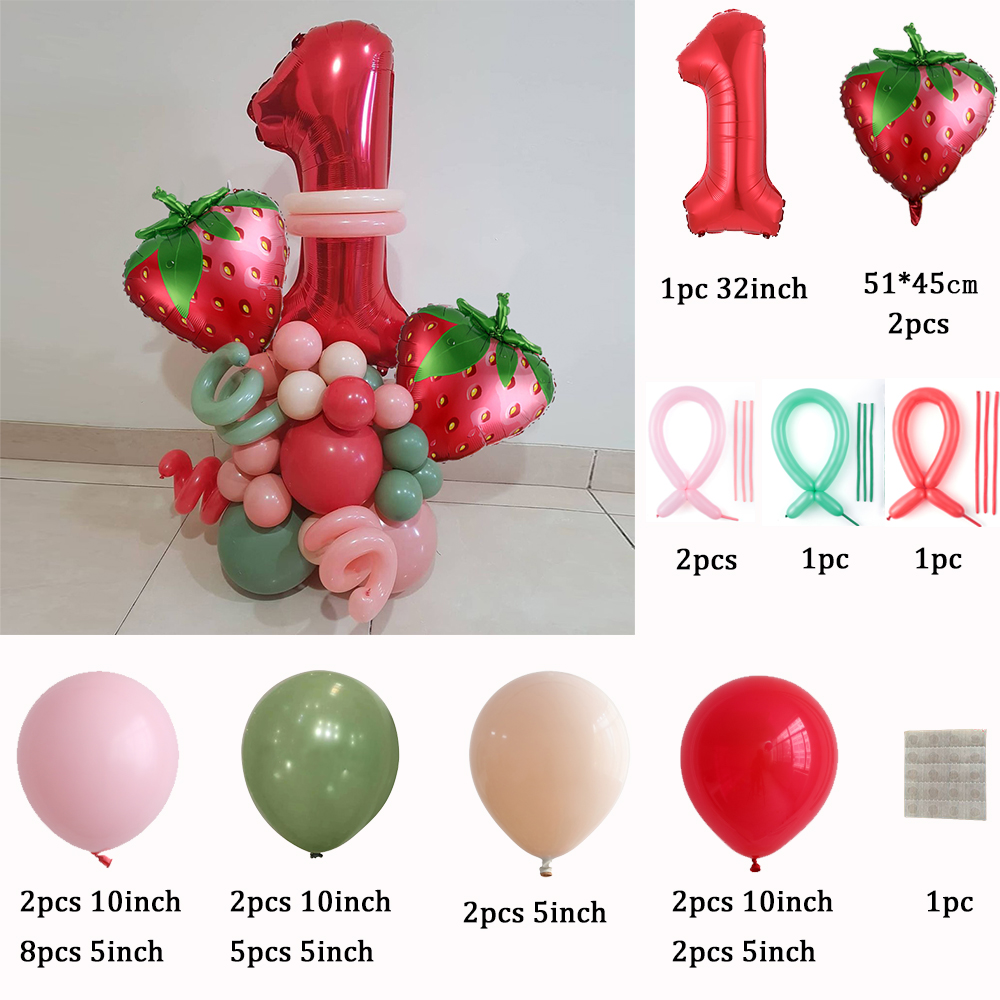 1set Strawberry Theme Aluminum Film Balloon 32Inch Red Number Balloons Garland Kit for Girl 1st Birthday Party Decroation Globos: 38pcs set / number 0
