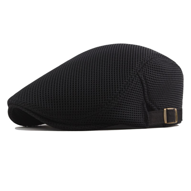 Sombrero de boina de algodón para hombre, gorra plana de malla informal, blanca, lisa, transpirable, ajustable, clásica, para verano: Black