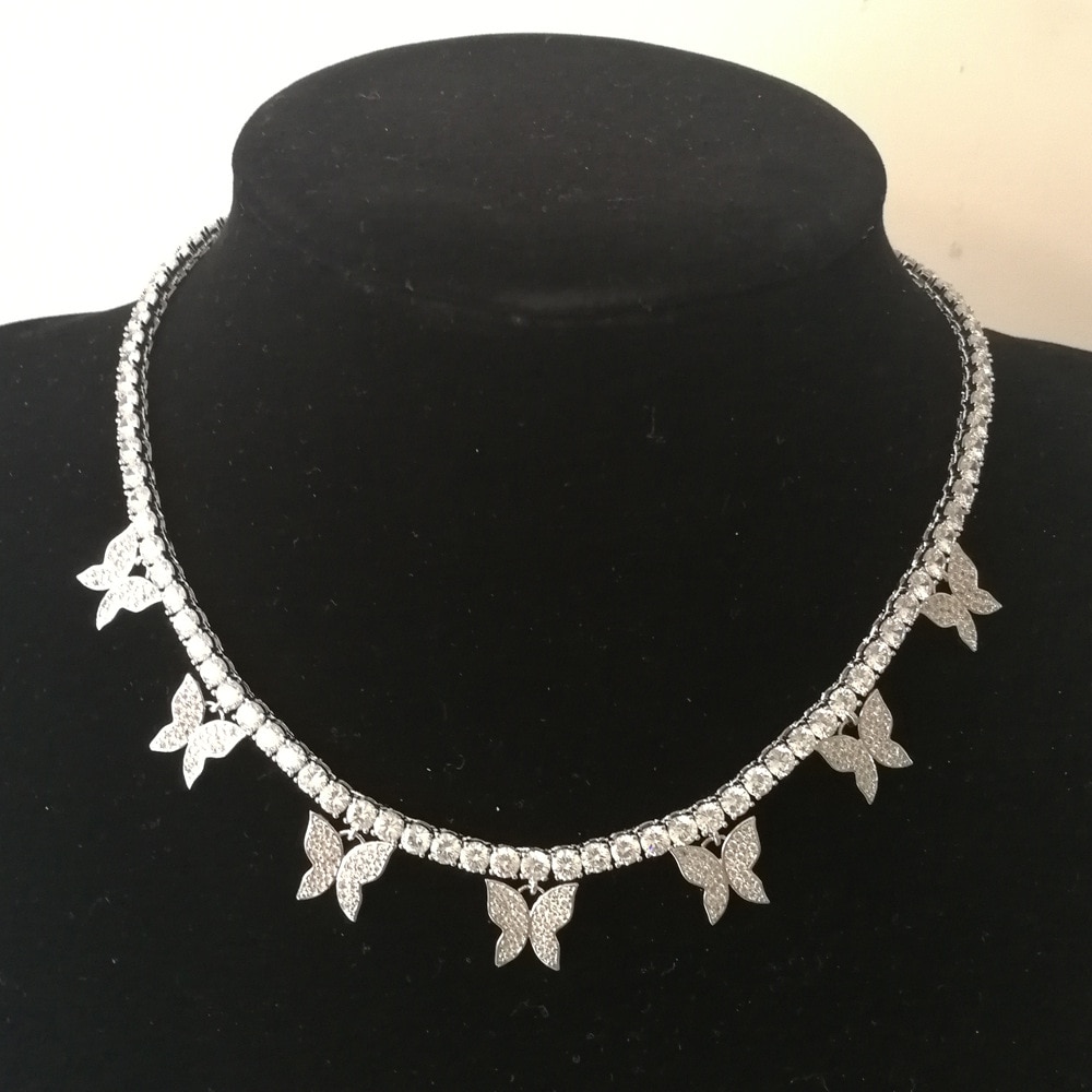 Iced Out Bling Butterfly Choker Pendant Necklace Gold Silver Color with 4mm Tennis Chain Hip Hop Jewelry for Men Women