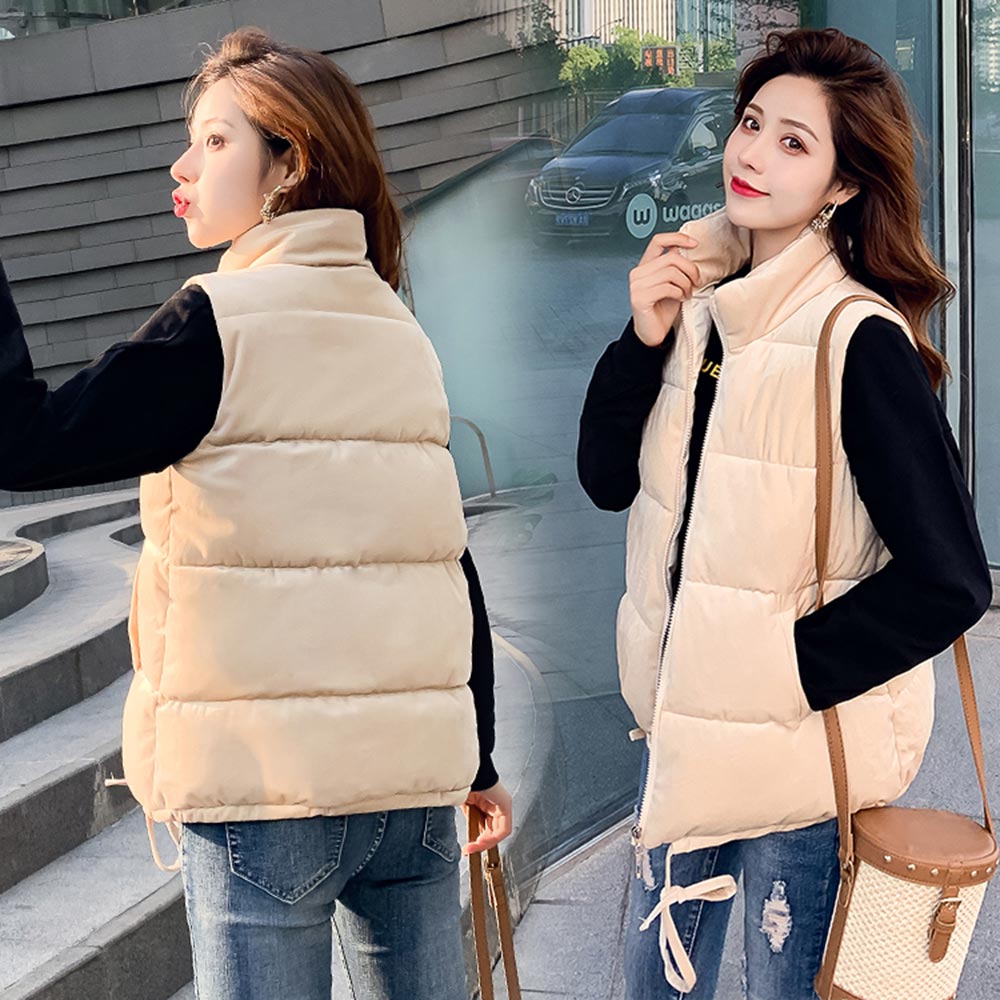 Pinkyisblack ärmlös dam väst jacka vinter kort sammet dunväst kvinnlig stativ krage väst dam vindtät varm väst: Beige / M