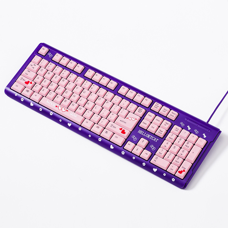 Unsharkable rosa sött trådbundet tangentbord ultratunt tyst lila tecknad katt hemlaptop usb vattentätt tangentbord