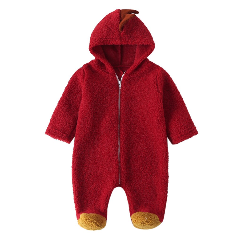 0-1y infantil bebê macacão meninos meninas dos desenhos animados dinossauro com capuz crianças velo bodusuits hoodies crianças engraçado macacão roupas quentes macacão: Vermelho / 12 m