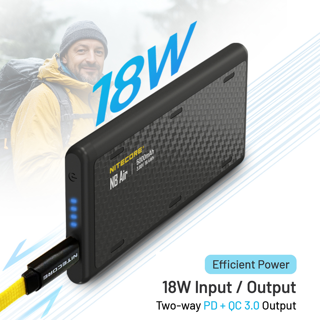 NITECORE NB Air Power Bank 5000mAh Mobile Powerbank IPX7 Waterproof 18W USB-C Fast Charge PD QC3.0 Output
