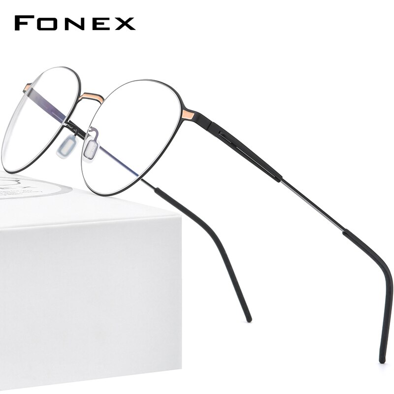 FONEX liga óculos quadro feminino redonda miopia prescrição óculos ópticos homens 2020 metal completo coreano screwless eyewear f1014: Preto