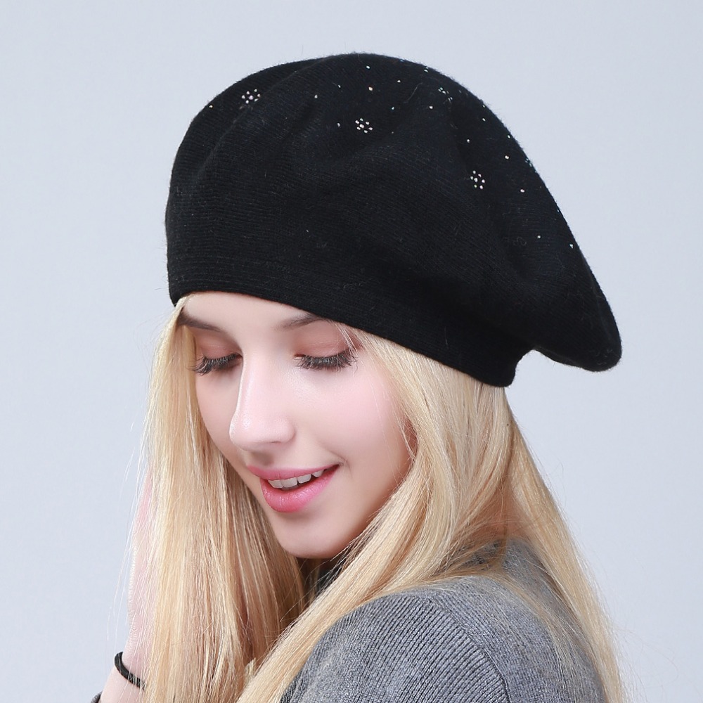 Geebro Women's Berets Hat Solid Color Wool Knitted Berets With Rhinestones Ladies French Artist Beanie Beret Hat GS108