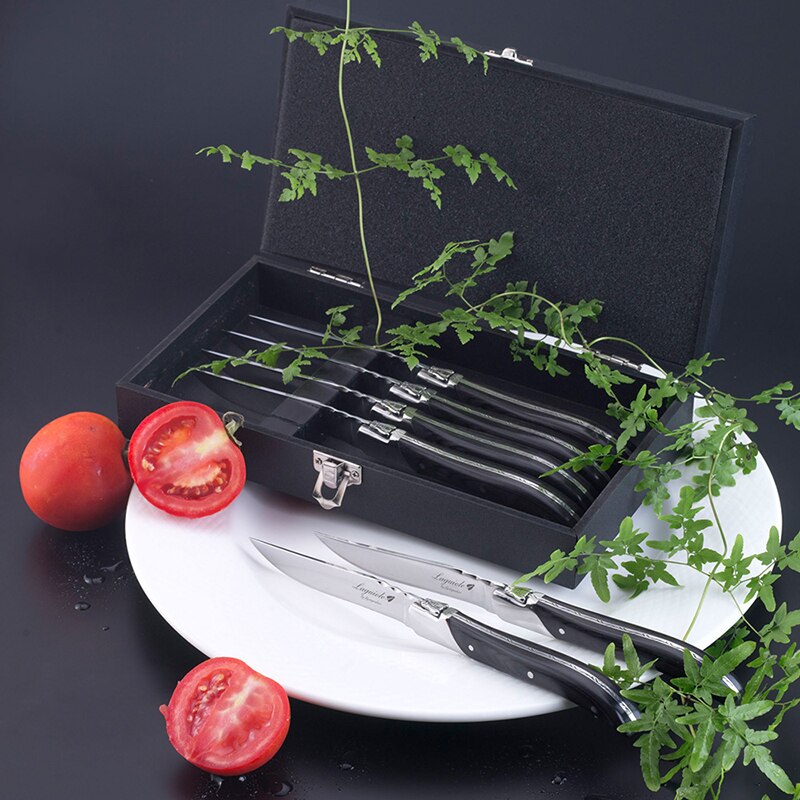 Laguiole Black Wood Knives 6-Piece Black Wooden Handle Steak Knife Fork Spoon set Japanese Wood Cutlery Christmas 8.7 in
