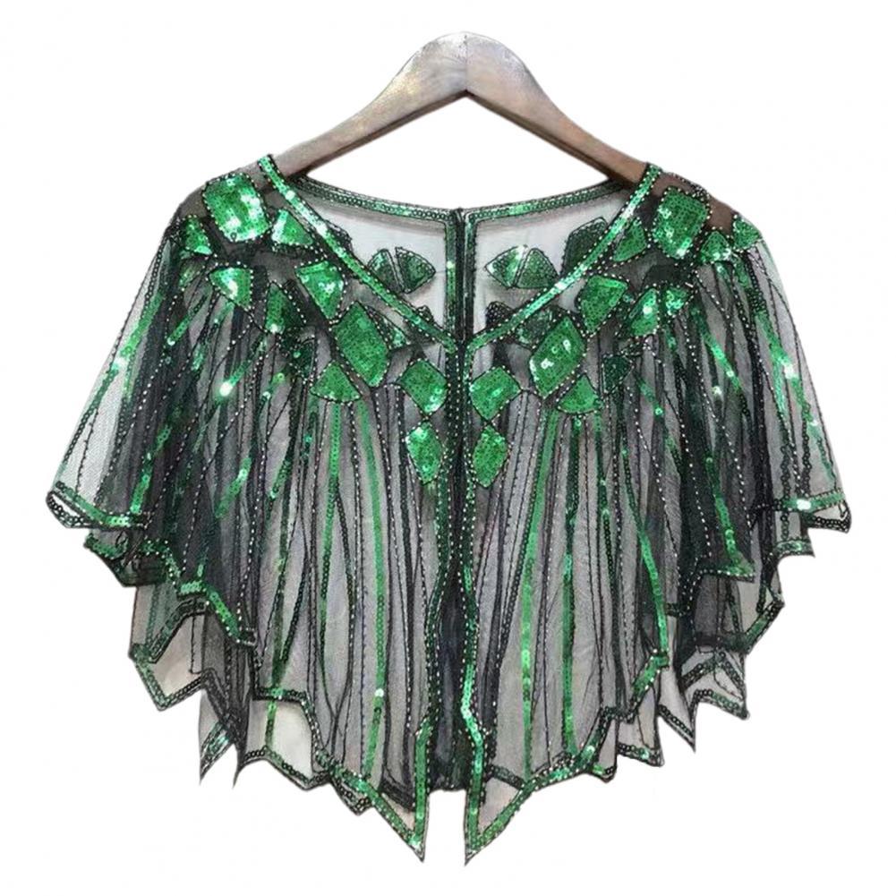 Scalloped High Beaded Sequin Short Top Women Cape See-through Women Shawl Decorative Women Accessories: Green  Black