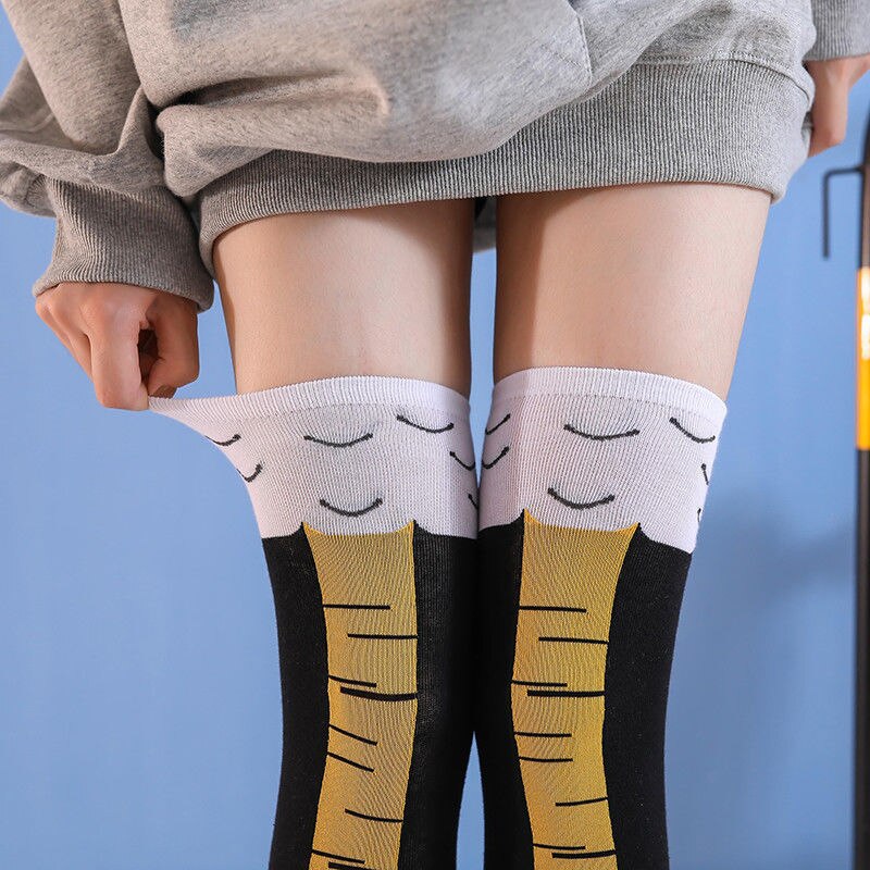 Bas à pattes de poulet pour femmes, chaussettes longues, chauffe-jambes, dessin animé drôle, griffe de jambe de poulet en coton, impression 3D, au-dessus du genou