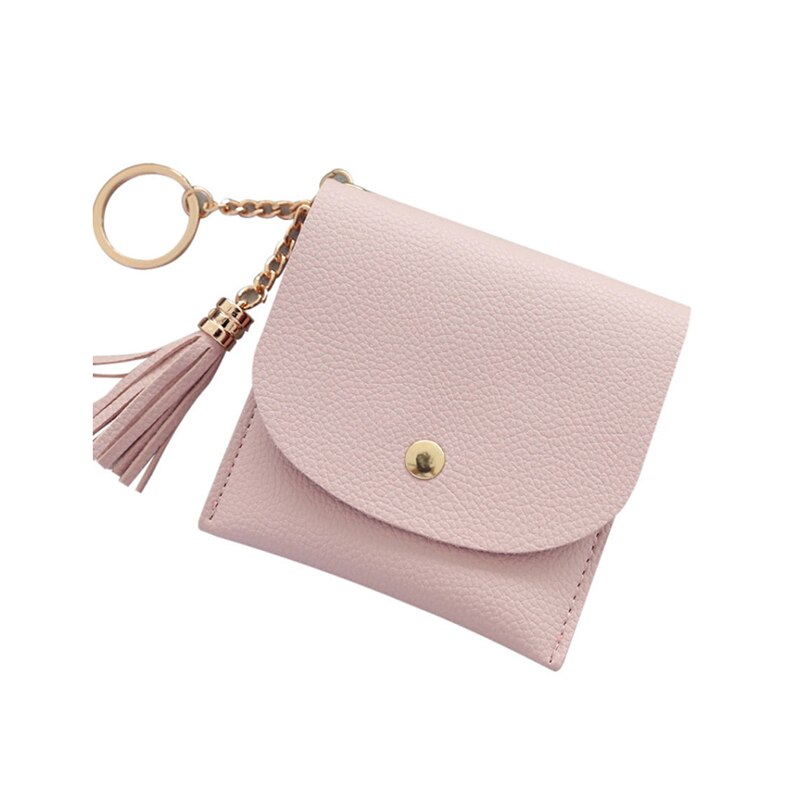 Geldbörsen Frauen Geldbörse Damen Pu Leder Quaste & Metall Ring Kupplung Keychain Dünne Schlüssel Tasche Karte Halfter Mini Beutel: Rosa