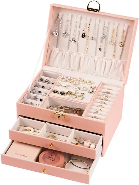 3-layer Jewelry Box with Drawer Lockable Jewelry Rack Storage, Large Jewelry Box Storage with Velvet Earring Storage,: Pink