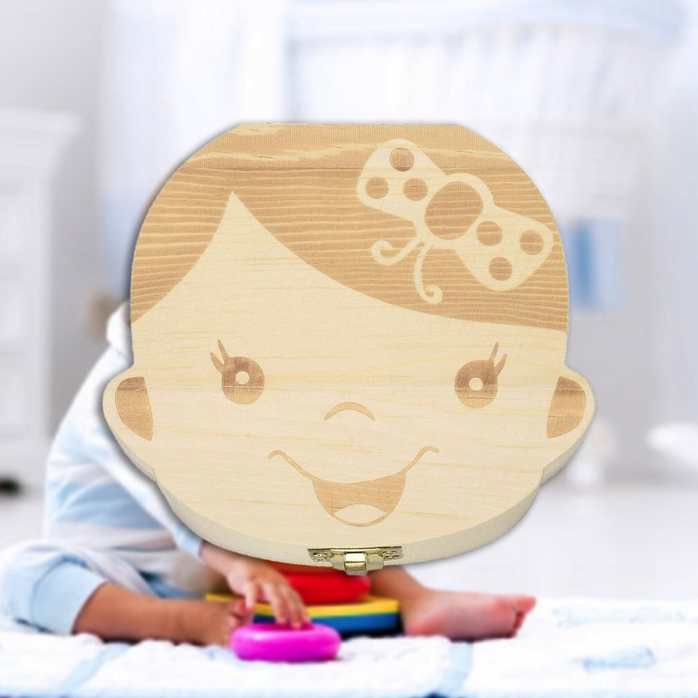 Wooden Baby Kids Tooth Storage Box English Teeth Umbilical Lanugo Organizer Keepsakes Save Baby Wood Tooth Box Storage