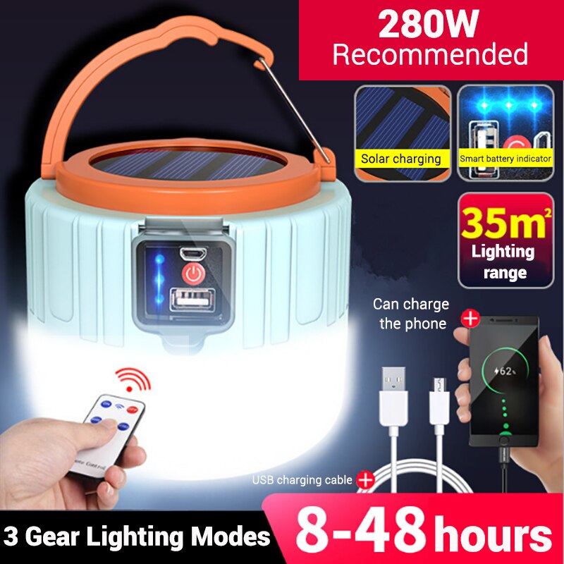 Led Camping Licht Usb Draagbare Verlichting Telefoon Lading Solar Camping Lantaarn Oplaadbare Lamp Waterdichte Outdoor Wandelen Vissen: 280W with remote