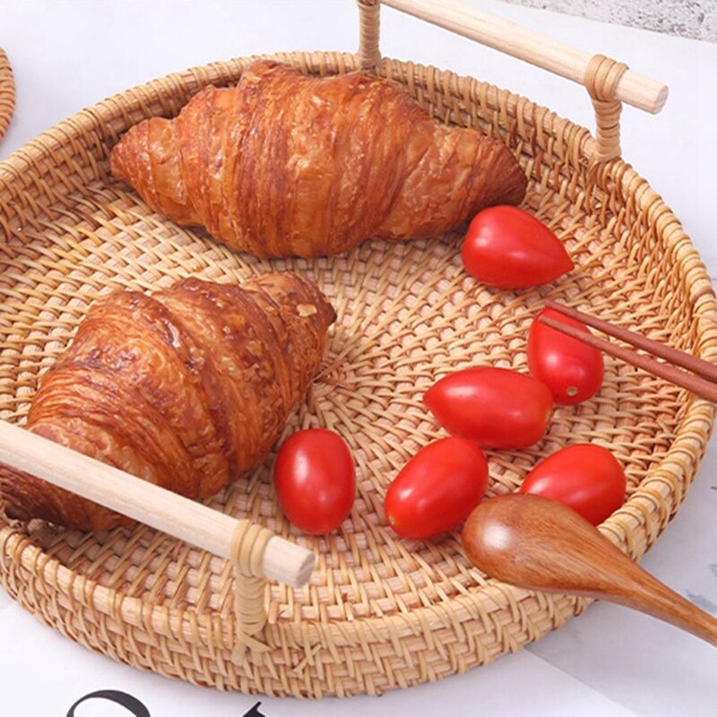 Hand-gewebte Runde Rattan Tablett Obst Snacks Lagerung Korb Organizer mit Griff Herbst gewebte Ablage