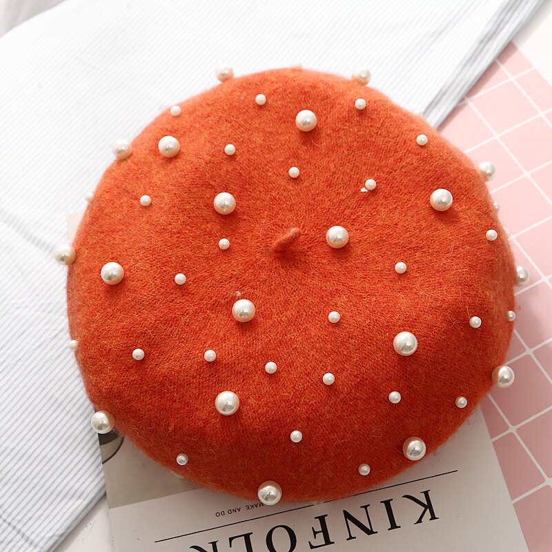 Wool Women Winter Berets Luxury Pearl Rivet Vintage Cashmere Female Warm Vogue Beret Hats Girls Flat Cap Beret for Women: Orange