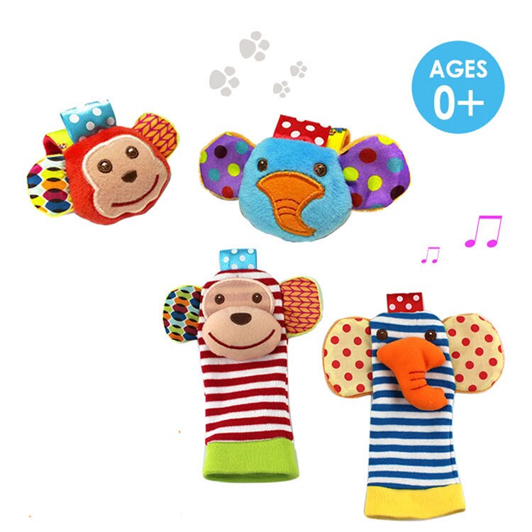 4 STKS/PARTIJ Baby Speelgoed Babyrammelaars Speelgoed Dier Sokken Polsband Met Rammelaar Voet Sokken Bug Polsband WJ315: Default Title