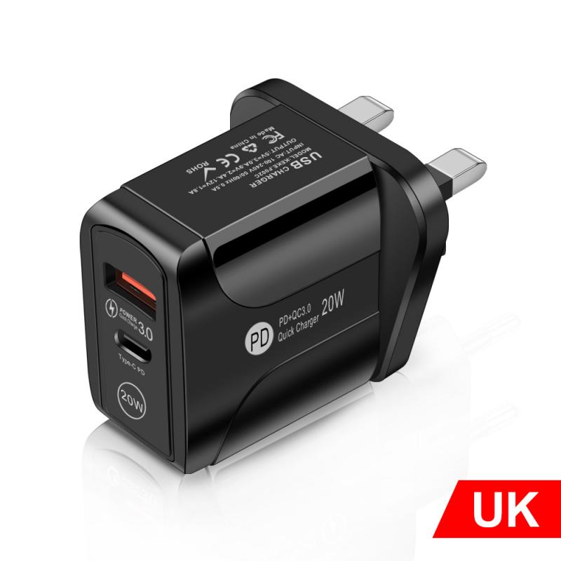 Quick Charge 3.0 + PD20W USB Charger EU/US/UK Plug For Phone Adapter For Huawei Mate 30 Tablet Portable Wall Mobile Fast Charger: UK black
