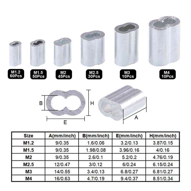 HHO-250Pcs Wire Rope Cable Thimbles Combo And Aluminum Crimping Loop Sleeve Assortment Kit For