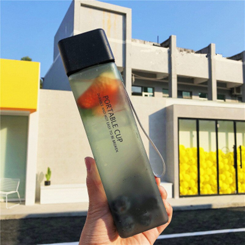 Cute Square Plastic Water Bottles BPA Free Transparent Frosted Outdoor Portable Camping Hiking Tour Drinking Bottle Water: Frosted Black