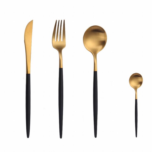 4 Pieces Gold Matte Cutlery Set Dinnerware Set Stainless Steel Green Flatware Set Tableware Knife Spoon Teaspoon Kitchen Set: Black Gold 4pcs