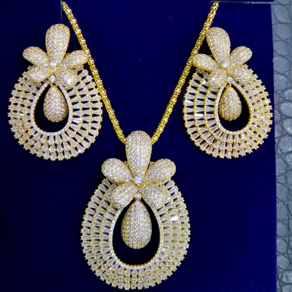 GODKI, gran corona de flores de lujo a la , conjunto de joyería para mujer, de boda, repleto de circonita Dubai, conjunto de joyería nupcial: Gold