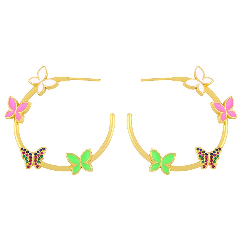 FLOLA Multicolor Butterfly Hoop Earrings For Women Enamel Big Hoop Earrings Crystal Cubic Zirconia Gold Filled Jewelry ersv26