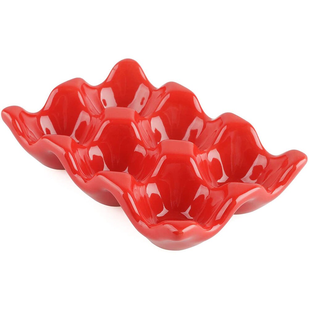 6 Grids Egg Tray Ceramic Egg Holder Egg Storage Container Porcelain Dispenser Organizer Anti-Slip Kitchen Countertop Fridge: Red