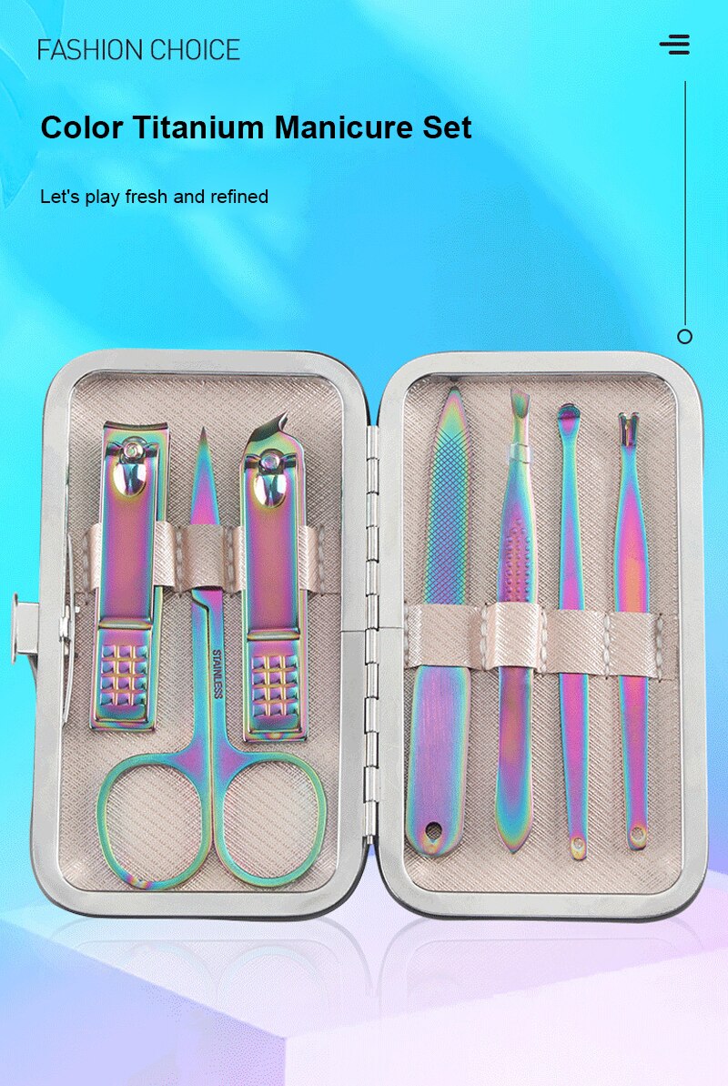 Kleurrijke Titanium Nagelknipper Set 7 Stuks Rvs Nail Schaar Schoonheid Nail Art Manicure Pedicure Nail Tool TSLM2