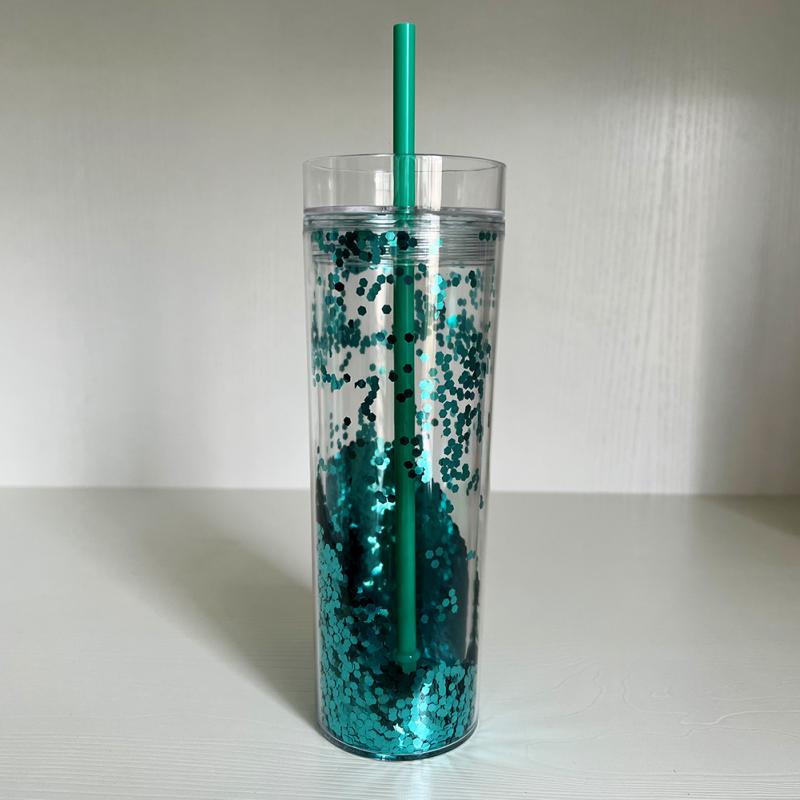 Double Layer Shiny Cup Transparent Plastic Cup 473ml/16oz Water Straw Cup Coffee Home Mug Cup Tumbler With Straw: green