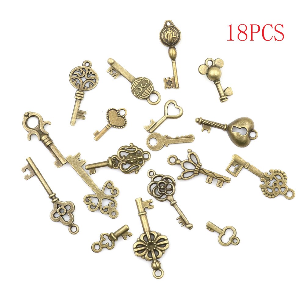 18pcs/sets Bronze Ornate Skeleton Keys Lot Antique Vintage Old Look Necklace Pendant Fancy Heart Decor DIY Craft